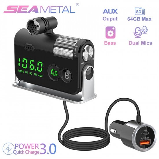 BT5.0 Handsfree Car Kit Dual-Microphone FM Transmitter Aux Audio Output Bass Switch MP3 PD3.0 QC3.0 Charger Bluetooth-Compatible BT5.0 Handsfree Car Kit Dual-Microphone FM Transmitter Aux Audio Output Bass Switch MP3 PD3.0 QC3.0 Charger Bluetooth-Compatible