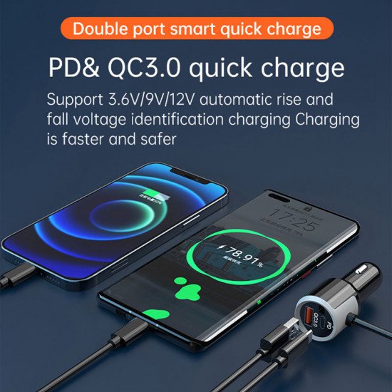 BT5.0 Handsfree Car Kit Dual-Microphone FM Transmitter Aux Audio Output Bass Switch MP3 PD3.0 QC3.0 Charger Bluetooth-Compatible BT5.0 Handsfree Car Kit Dual-Microphone FM Transmitter Aux Audio Output Bass Switch MP3 PD3.0 QC3.0 Charger Bluetooth-Compatible