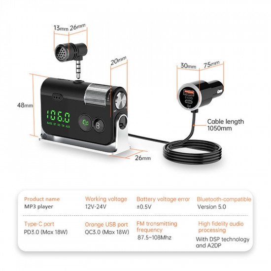 BT5.0 Handsfree Car Kit Dual-Microphone FM Transmitter Aux Audio Output Bass Switch MP3 PD3.0 QC3.0 Charger Bluetooth-Compatible BT5.0 Handsfree Car Kit Dual-Microphone FM Transmitter Aux Audio Output Bass Switch MP3 PD3.0 QC3.0 Charger Bluetooth-Compatible
